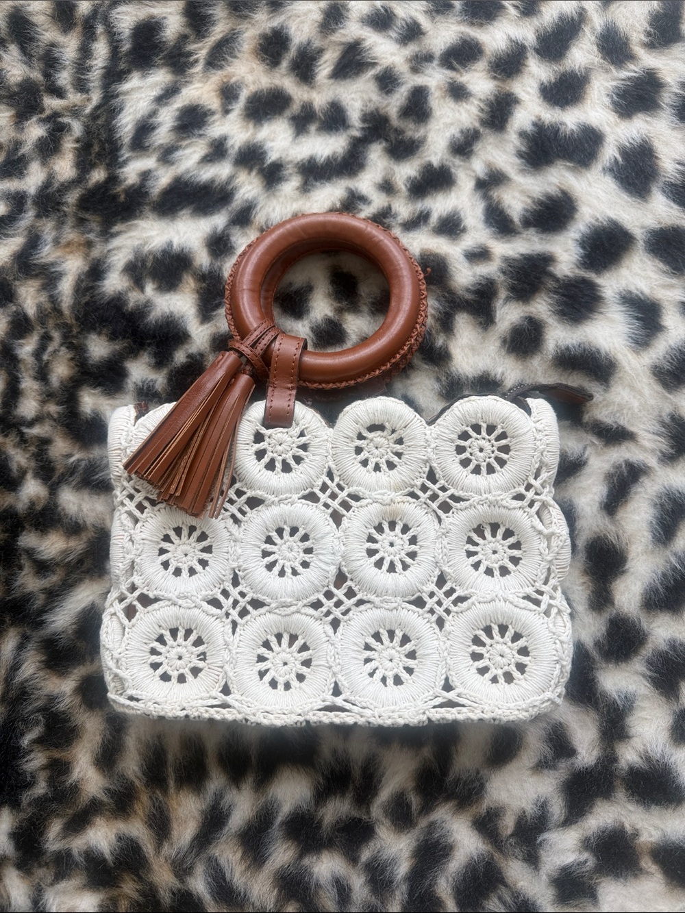 Patricia Nash Crochet Wristlet Clutch with Brown Leather Tassel